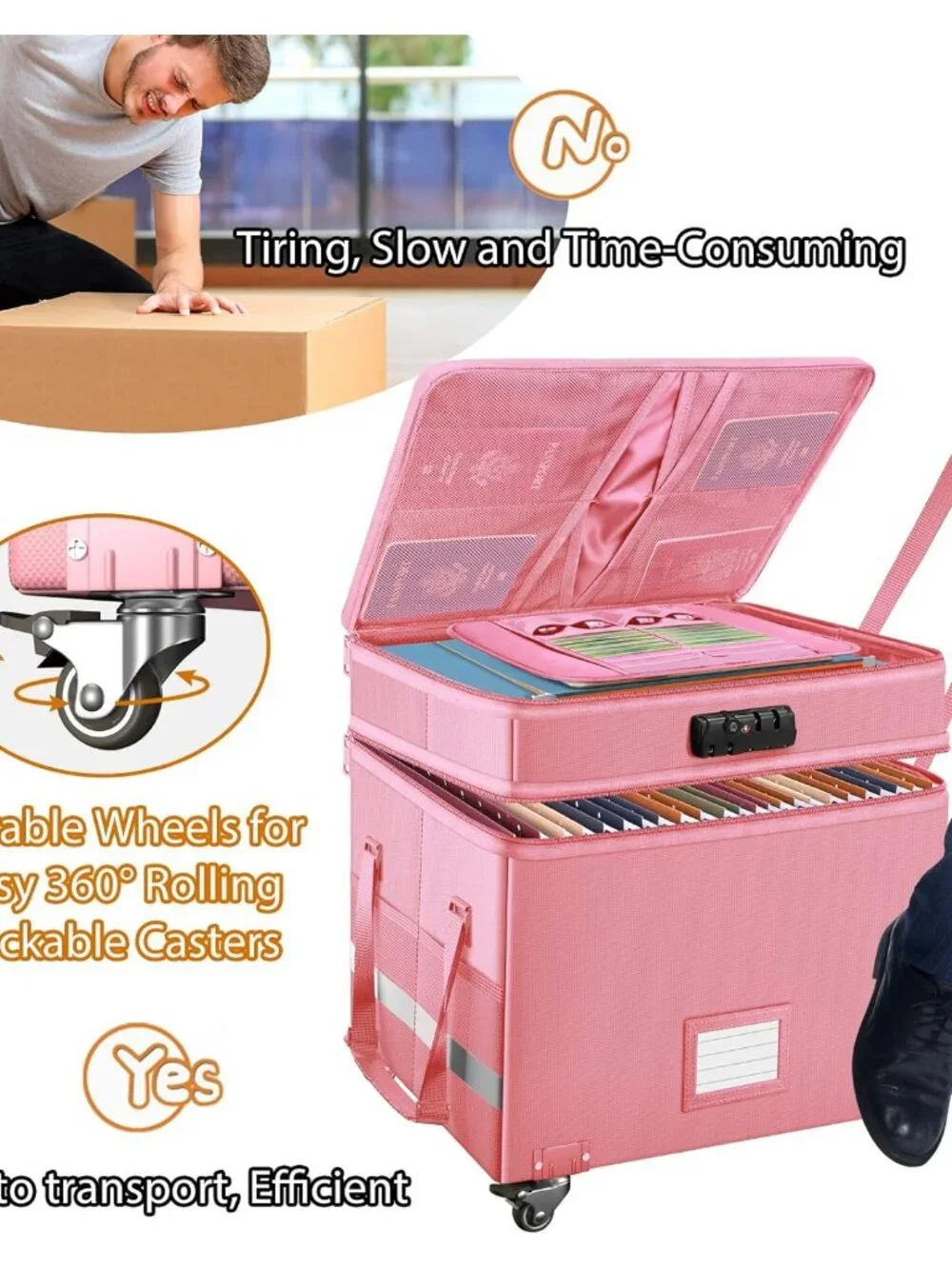 File Box with Lock,2-Layer Fireproof Document Box with Wheels,Collapsible Rollin - Picture 7 of 9